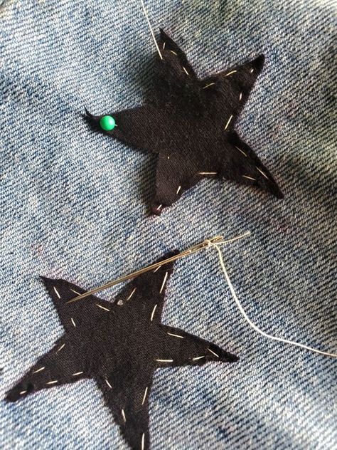 Star Patched Jeans, Sew Stars On Jeans, How To Sew A Star On Jeans, Star Patches On Jeans, How To Sew Stars On Jeans, Embroidered Jeans Stars, Things To Sew On Jeans, Star Pants Diy, Sewing Stars On Jeans