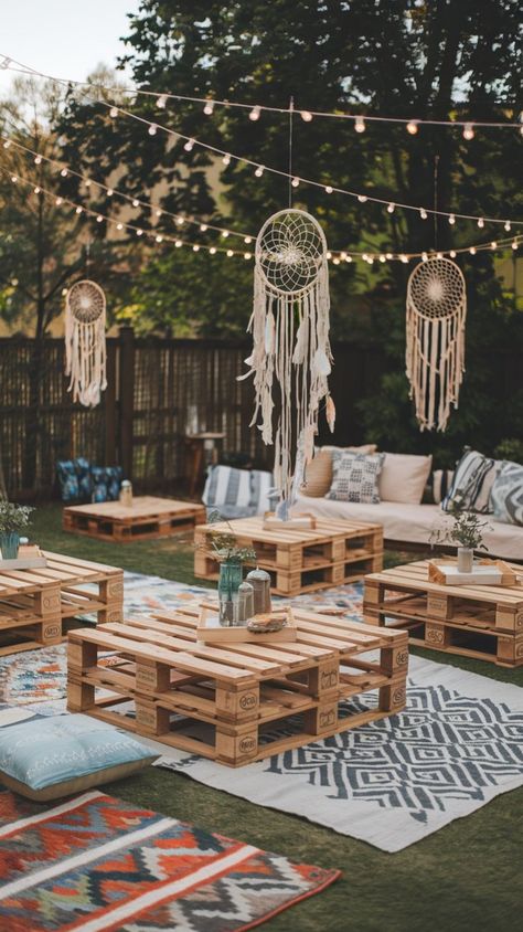 A hippie garden party thrives on natural, earthy elements like wood, macramé, and wildflowers. These create a laid-back and inviting ambiance. Garden Party With Pallets, Garden Party Seating Ideas, Table Settings Outdoor Garden Parties, Hippy Garden Ideas, Boho Garden Party Decoration, Whimsical Boho Decor, Outdoor Party Table Set Up, Boho Party Decorations Birthday, Bohemian Decor Party