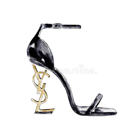 Watercolor illustrations of famous brands. Hand work watercolor. Drawn leather heeled sandals. Yves Saint Laurent royalty free illustration Hanukkah Illustration, Happy Hannukah, Bullet Journal Ideas Templates, Shoe Sketches, Man Sketch, Fashion Artwork, Expensive Shoes, Ysl Heels, Vibes Art