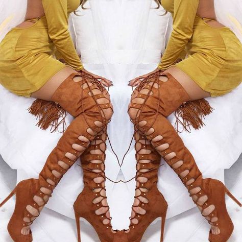 Camel Lace up Boot Heels Thigh High Gladiator Sandals, Online Shoe Stores, High Gladiator Sandals, Fringe Shoes, Shoe Stores, Boot Heels, Knee High Heels, Hot Boots, Thigh High Boots Heels