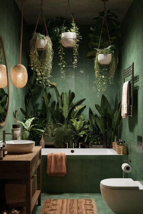 Experience tranquility every day with a jungle spa-inspired bathroom. Use rich green hues, rustic wooden accents, and earthy terracotta to craft a rejuvenating and serene escape. #JungleSpa #BathroomInspiration #EarthyTones #TerracottaVibes #GreenBathroom #NaturalDecor #SpaOasis #RusticElegance #RelaxingSpaces #LushLiving Jungle Spa Bathroom, Moody Jungle Bathroom, Modern Green Bathroom Design, Bathroom With Green Countertop, Nature Aesthetic Bathroom, Forest Bathroom Aesthetic, Cozy Green Bathroom, Small Bathroom Earthy, Earthy Spa Bathroom