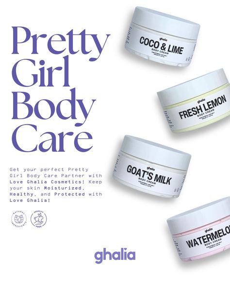 Body Care is a Pretty Girl Must! Get your favorite Body Care Essentials with Love Ghalia! Made with High Quality Shea Butter, Essential Oils, and Actives, that will surely make your skin Pretty and Healthy! Now available on Love Ghalia’s Online Stores! Link in Bio You are Pretty! #loveghalia #loveghaliacosmetics #loveghaliaperfume #bodycare #skincare #cosmetics #lotion #bodycream Body Care Branding, Beauty Product Packaging Design, Body Care Essentials, Skincare Ads, Cosmetic Creative, Skincare Branding, A Pretty Girl, Ads Creative Advertising Ideas, Products Photography