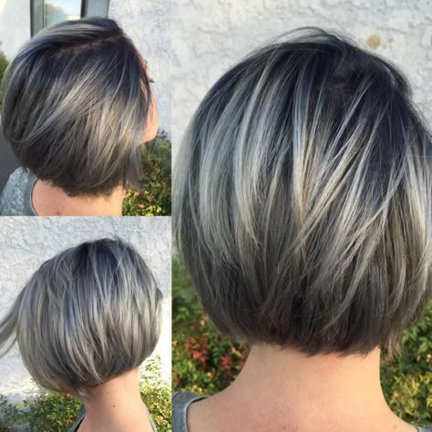 Blonde Balayage Bob, Short Choppy Haircuts, Balayage Bob, Choppy Haircuts, Grey Highlights, Ash Blonde Balayage, Silver Highlights, Chin Length Hair, Short Grey Hair