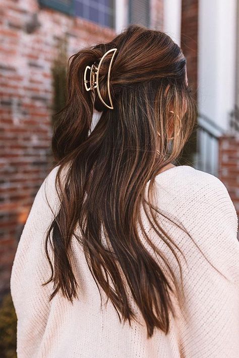 Golden Hair Clip, Chocolate Hair Dye, Clipped Hair, Work Updo, Hair Clips Aesthetic, Fav Hairstyles, Minimalist Hair Accessories, Bride Hair Clips, Reference Ideas