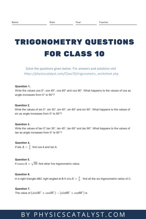 Class 10 Important Questions for Maths – Introduction to Trigonometry and its Applications Class 10 Science Notes Ssc, Maths Class 10 Notes, Trigonometry Class 10, Math Trigonometry, Study Physics, Trigonometry Worksheets, Science Formulas, Geometry Book, Grammar Tenses