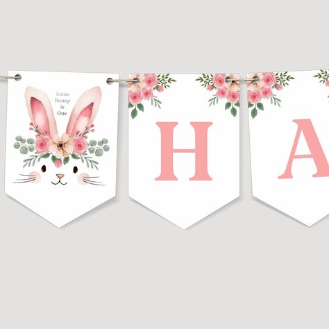 Easter Birthday Party Decorations, Bunny Happy Birthday, Easter Birthday Party, Bunny Birthday Party, Girl Birthday Decorations, Bunny Birthday, Easter Birthday, Pink Rabbit, Happy Birthday Banner