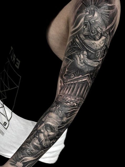 Warrior full sleeve tattoo - 95 Awesome Examples of Full Sleeve Tattoo Ideas <3 <3 Full Sleeve Tattoo Ideas, Voll Arm-tattoos, Roman Tattoo, Gladiator Tattoo, Spartan Tattoo, Sleeve Tattoo Ideas, Full Sleeve Tattoo Design, Full Arm Tattoos, Muster Tattoos