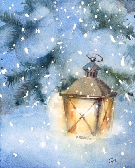 ..... Christmas Aquarell, Winter Lantern, Winter Watercolor, Watercolor Lessons, Watercolor Christmas Cards, Winter Painting, Realistic Paintings, Winter Art, Watercolor Inspiration