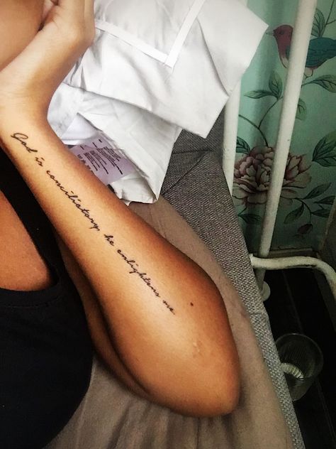 Written Forearm Tattoo, Tattoo Quotes For Women Arm, Tattoos Writing Ideas, Writing Forarm Tattoos, Tattoo Down Arm Quotes, Tattoo Words On Forearm, Words Down Arm Tattoo, Quotes For Arm Tattoos, Arm Tattoos For Women Sayings