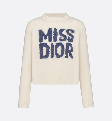 Sweater Ecru Cashmere and Silk Knit with Blue Miss Dior Graffiti Motif | DIOR Denim Swimsuit, Dior Star, Stole Scarf, Maria Grazia Chiuri, Short Denim, Maria Grazia, Silk Knit, Miss Dior, Tshirt Skirt