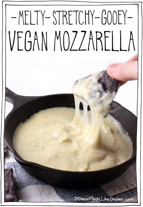 Ooey, gooey, stretchy, melty, where have you been all my life, vegan mozzarella. I’m pretty sure I just made all my vegan dreams come true. I made this recipe four times this week, FOUR. That’s how amazing this is. Use anywhere you would like a vegan mozzarella (which is everywhere)! #itdoesnttastelikechicken Vegan Cheese Recipes, Vegan Mozzarella, Like Chicken, Queso Dip, Vegan Sauces, Raw Cashews, Buffalo Chicken Dip, God Mat, Ooey Gooey