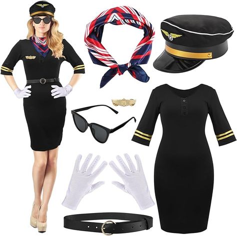 polyester and silk Package Include: women pilot captain costume includes a captain costume, a pilot hat, captain pin and belt, a pair of pilot sunglasses, a pair of gloves, stewardess scarf, suitable for Halloween costume party and stage performance Distinctive Design: the captain costume can show your good figure and curves, the v neck design can help you unleash your charm at parties, nice accessories for cosplay Pilot Costume Women, Flight Attendant Costume, Women Pilot, Captain Costume, Pilot Costume, Pilot Hat, Airplane Outfits, Halloween Costume Party, Flight Suit