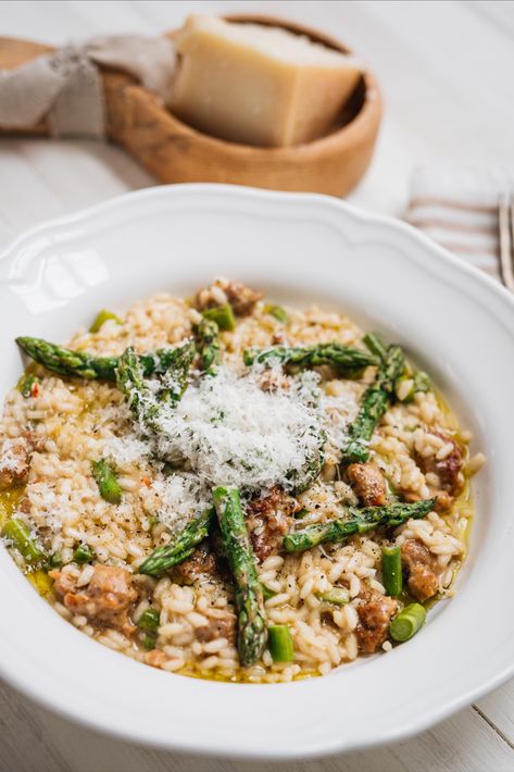 Italian Sausage Asparagus Pasta, Risotto Recipes Sausage, Risotto Recipes Dinners, Hello Fresh Risotto, Italian Sausage And Asparagus Recipes, Italian Sausage Risotto Recipes, Steak Risotto Recipes, Sausage Asparagus Recipes, Sausage Risotto Recipes