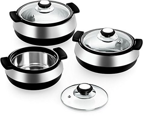 Cello Oscar 750/1100/1700ml Glass Lid 3 Piece Hot-Pot Insulated Casserole Gift Set, Black Tiffin Lunch Box, Casserole Set, Box Kitchen, Kitchen Interior Design Decor, Indian Kitchen, Venetian Mirrors, Hot Pot, Serving Set, Pot Sets