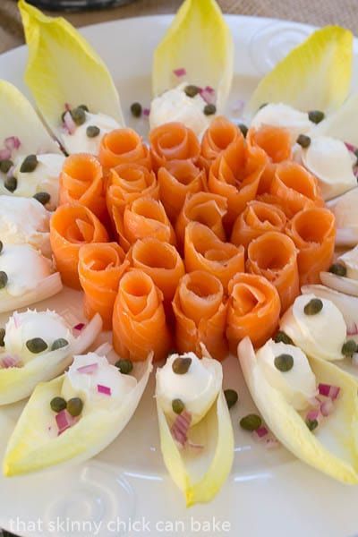 Smoked Salmon Roses with Endive and Creme Fraiche Seafood Platter Presentation, Creme Fraiche Recipe, Platter Presentation, Salmon Roses, Appetizer Presentation, Smoked Salmon Platter, Creme Fraiche Recipes, Salmon Platter, Buffet Presentation