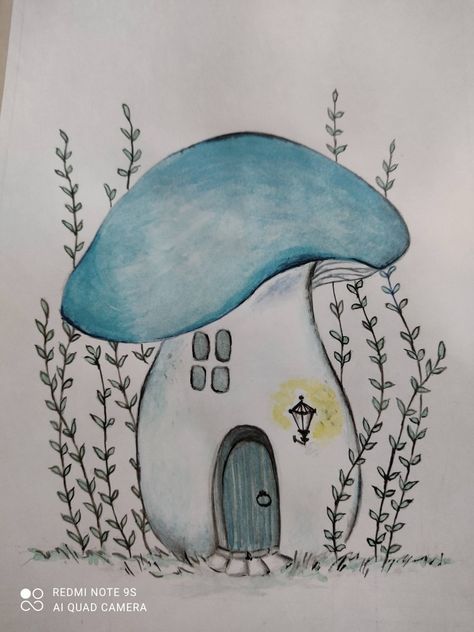 Whimsical Garden Drawing, Whimsical House Drawing, Bookshop Drawing, Fairy Mushroom Drawing, Mushroom House Drawing, Easy Fairy Drawing, Fairy Doodle, Fall Sketches, Fairy House Drawing