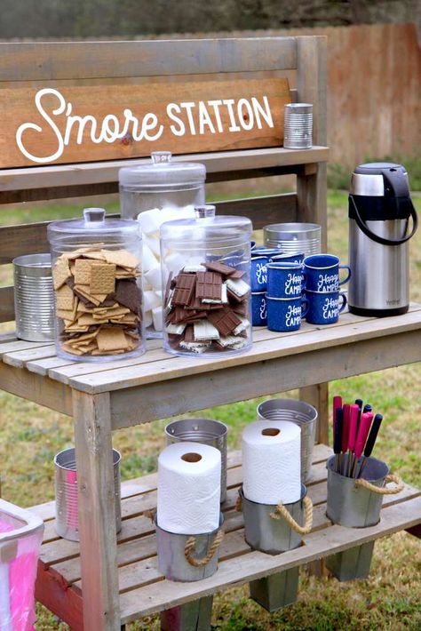 Camp Kate | CatchMyParty.com Smores Bar Bachelorette Party, Hot Chocolate And Smores Bar, Camp Fire Birthday Party, Beach Bbq Ideas, Camping Party Ideas For Adults, Fire Pit Signs, Diy Wine Tasting Party, Smores Night, Smores Bar Wedding