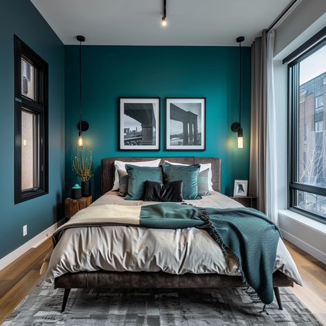 Gray And Teal Bedroom Ideas, Teal Room Aesthetic, Teal Blue Bedroom, Teal Bedroom Designs, Teal Bedroom Ideas, Bedroom Teal, Teal Rooms, Blue Bedroom Walls, Best Bedroom Colors