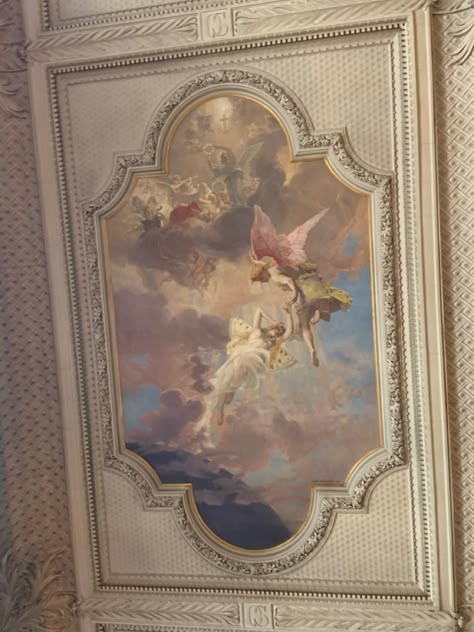 Angelic Room Aesthetic, Royal Aesthetic Castle, Swedish Castle, Castle Ceiling, Cherub Painting, Castle Mural, Queen Painting, Painted Angels, Library Vibes