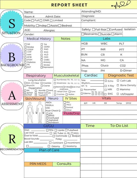 🩺📚Streamline your nursing handoff process with our SBAR Nurse Report Sheet, designed to make your patient handoffs smooth, organized, and efficient. This instant download PDF is perfect for nurses, healthcare professionals, and anyone in need of a structured report sheet for shift changes. 🏥 Key Features: *SBAR Format: Structured with the SBAR (Situation, Background, Assessment, Recommendation) format to ensure clear and concise communication. *Instant Download: Receive your PDF file immediately after purchase for quick access and convenience. *Printable: Easily print multiple copies to keep on hand for daily use. *Professional Design: Clean, organized layout for effective and efficient report-taking. ⭐️What You'll Get: *7 PDF file (8.5 x 11 inches) with the SBAR report sheet. *A user-f Documentation Nursing, Sbar Nursing, Nursing Planner, Nursing Documentation, Nurse Brain Sheet, Anatomy Education, Nurse Skills, Nurse Report Sheet, Nursing Cheat