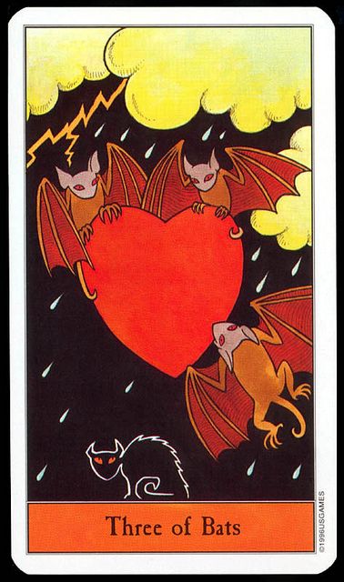 Halloween Tarot: Three of Bats by pageofbats. This would make a decent tattoo... Halloween Tarot, Bat Art, Tarot Cards Art, Minor Arcana, Tarot Art, Arte Inspo, Painting Digital, Halloween Bats, Tarot Card