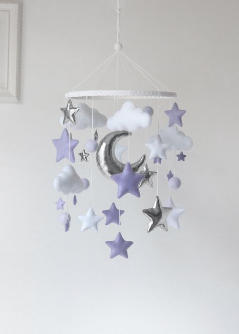 Baby mobile is a perfect, unique and pleasant gift for any occasion as baby shower, or just as decor for any kids room. Each element of the mobile is created with fantastic quality wool felt and filled with hypoallergenic stuffing ♡ The mobile has a loop at the top of the hoop so you can attach it to the cot or your baby crib or this can be hung from a secure hook from the ceiling.  Please note: This does not include the crib arm or ceiling hook. Actual colors may vary a little bit from those shown due to the individual monitor colors settings. Note: This item is not a toy so please keep it out of reach of tiny little hands - ̗ ̀  if you want this mobile in different colors, or add some details, please let me know    ̖ ́- - ̗ ̀ Shipping    ̖ ́- This mobile is ready to ship in 5-15 business Purple Baby Room, Purple Baby Rooms, Purple Crib, Moon Stars Nursery, Mobile Light, Lavender Nursery, Sheep Nursery, Crib Decor, Stars Nursery