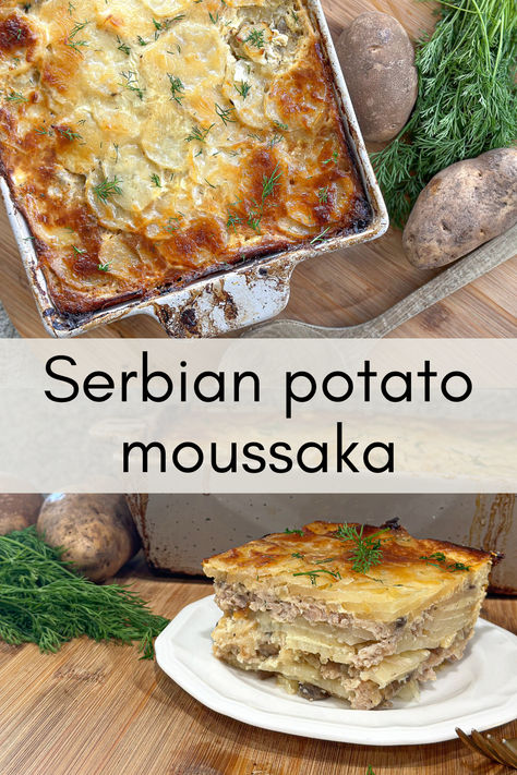 Serbian potato moussaka has layers of thinly sliced potatoes, meat, onion with mushrooms, and a creamy cheese sauce which is then baked until golden brown! Serbian Moussaka, Potato Moussaka, Creamy Cheese Sauce, Moussaka Recipe, Creamy Cheese, Sliced Potatoes, European Food, Cheese Sauce, Potato Recipes