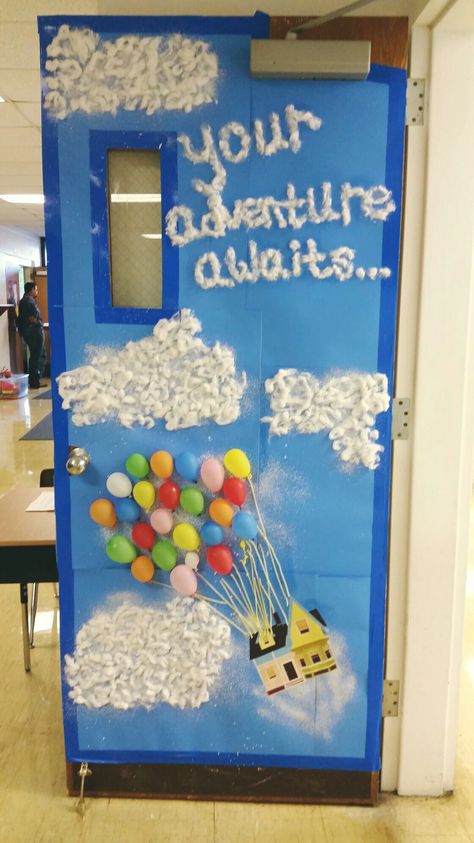 Your adventure awaits... I'm so in love with my classroom door for my Up themed classroom! I wish I had made the house 3D, but other than that it turned out exactly like I envisioned it. Disney Pixar's Up is one of my favorites! Disney Up Door Decoration, Disney Doors Classroom, Up Door Decoration, Adventure Classroom Doors, Pixar Door Decorations, Up Door Decorations Classroom, Disney School Door Decorations, Disney World Door Decorations, Kindergarten Classroom Themes Disney