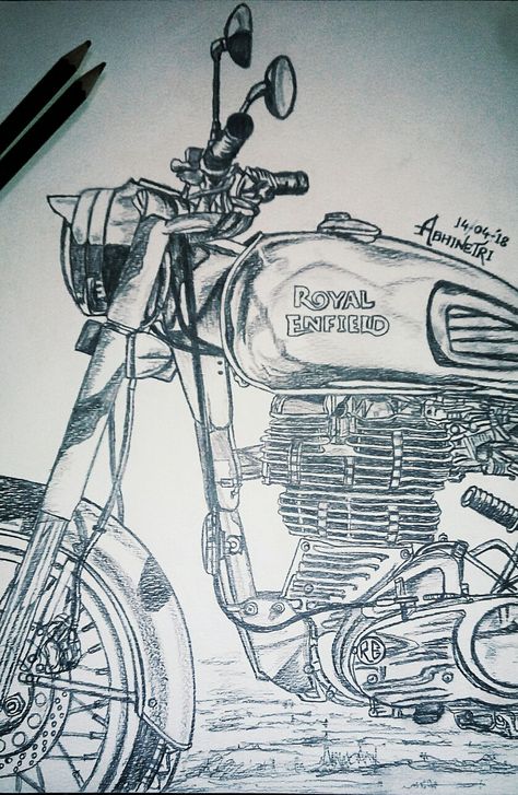 Love for Royal Enfield by Abhinetri Madinkar Royal Enfield Drawing Pencil, Bullet Drawing Royal Enfield Easy, Royal Enfield Drawing Sketches, Bike Sketch Motorcycles, Royal Enfield Sketch, Royal Enfield Drawing, Motorcycle Art Drawing, Bikes Sketch, Bullet Drawing