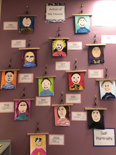 Art Corner Kindergarten, Ks1 Portraits, Self Portrait Display Ks1, Classroom Gallery Wall, Family Portraits Kindergarten Art, Hanging Student Artwork, Classroom Art Display Wall Wood, Preschool Rooms, Corner Wall