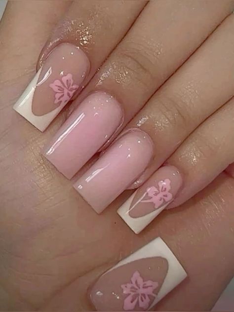 Nails With One Flower, Nail Ideas French Tip Coffin, Nail Ideas French Tip, Nail Ideas French, French Tip Nails Pink, French Tip Coffin, Girly Acrylic, Building A Fence, Girly Acrylic Nails