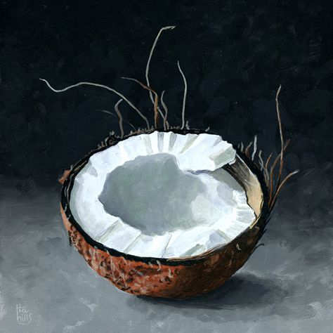 Coconut half by Ria Hills, Acrylic, 10 x 10 Daily Paintworks Acrylic, Coconut Still Life, A Level Art Sketchbook Layout, Coconut Painting, Food Art Painting, Sketchbook Layout, Acrylic Tutorials, A Level Art Sketchbook, Life Paintings