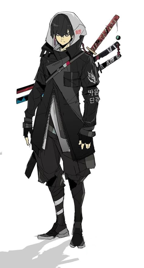 Ninja Clothes Male, Cyberpunk Clothes Concept Art, Ninja Outfit Design Male, Cyberpunk Swordsman, Ninja Outfit Design, Samurai Oc Male, Techwear Drawing, Male Character Design Modern, Cyberpunk Oc Male