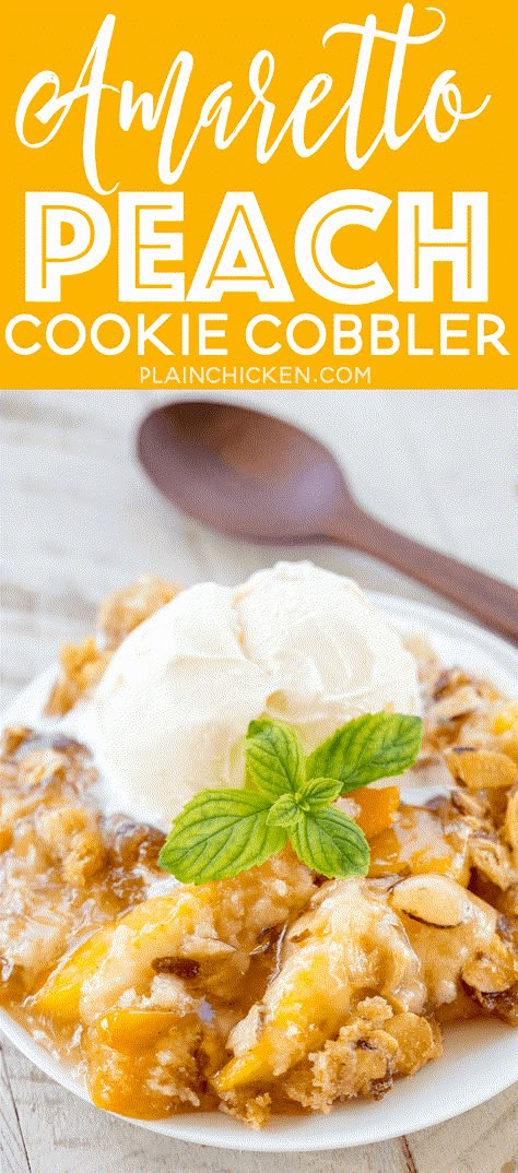 Amaretto Peach Cookie Cobbler - heaven in a pan! CRAZY good!!! Super easy to make and a real crowd pleaser. Peach pie filling, peaches, amaretto, sugar cookie mix, sliced almonds and butter. Ready to eat in 30 minutes! There are never any leftovers when I take this to a potluck. Such a wonderful and easy dessert recipe! Cookie Cobbler, Cake Mix Peach Cobbler, Spiced Peaches, Weight Watcher Desserts, Peach Cookies, Peach Pie Filling, Sugar Cookie Mix, Peach Cobbler Easy, Peach Desserts