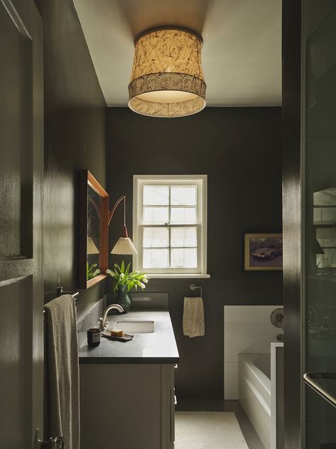 Moody Small Bathroom, Mid Century Modern Vanity, Small Bathroom Paint, Rental Bathroom, White Tub, Bathroom Transformation, Apartment Goals, Modern Folk, Diy Ceiling