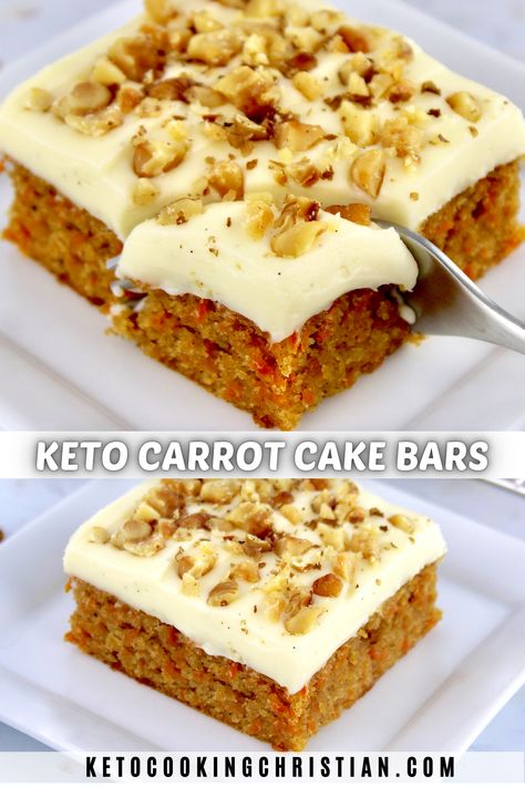 These dreamy Keto Carrot Cake Bars have a tender and moist cake, baked with warm spices and shredded carrots, then topped with a creamy vanilla frosting. #ketodesserts #ketocarrotcakebars #lowcarbdessert Creamy Vanilla Frosting, Keto Carrot Cake, Low Carb Carrot Cake, Sugar Free Carrot Cake, Carrot Desserts, Cake Bars Recipe, Carrot Cake Bars, Sugar Free Recipes Desserts, Low Carb Low Fat Recipes