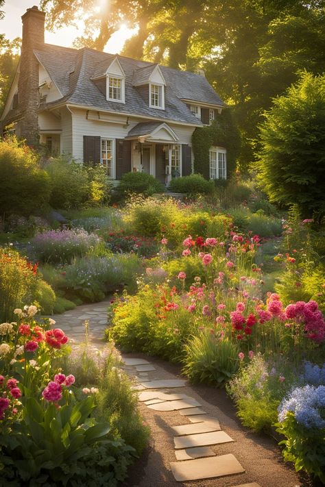 Cottage style front yard garden with curved stone pathway through flower beds, featuring pink peonies, purple delphiniums, and mixed perennials in front of white house with black shutters, simple garden beds layout Non Traditional Landscaping, Dahlia And Hydrangea Garden, Raised Flower Bed Around Tree, Simple Perennial Flower Bed, Cottage Landscaping Front Yard, Foundation Landscaping, House Front Garden, Hydrangea Flower Bed, Landscaping Features