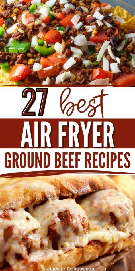 Looking for easy ground beef recipes to make in your air fryer? Try these 27 simple and quick air fryer ground beef recipes for frugal family-friendly meals on busy weeknights. Air Fryer Recipes With Hamburger Meat, Airfryer Hamburger Recipes, Air Fryer Recipes Healthy Dinners Beef, Air Fryer Ground Beef Recipes For Dinner, Airfryer Meat Recipes, Air Fryer Recipes Easy Dinner Beef, Air Fryer Hamburger Meat Recipes, Hamburger Meat Air Fryer Recipes, Air Fryer Hamburger Recipes