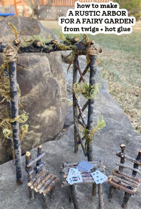 Twig Arbor, Diy Fairy Garden Accessories, Garden Ideas Homemade, Fairy Garden Fence, Diy Fairy Garden, Fairy House Crafts, Fairy Garden Furniture, Whispering Pines, Fairy Village