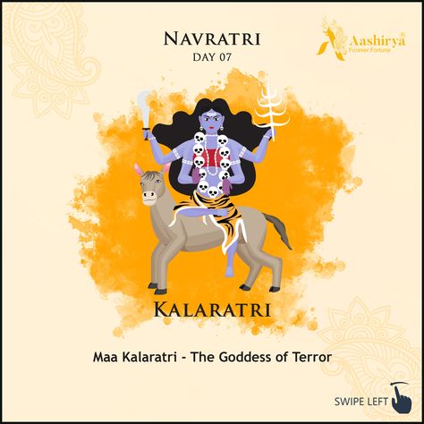 NAVRATRI : DAY-7 MAA Kalaratri - The Goddess of Terror Goddess Kalaratri bestows on her devotees with fearlessness & to be extremely mighty. Fearless & Ironic Women who defend themselves and others from social evils. Aashirya Dedicates its Exclusive Navratri Collection with honor to the women who are fearless. Blessings of Maa Kalaratri Aashirya wishes that The modern day Durgas (Kalaratri's) who walk beyond the realm of ordinary in a mighty way fearlessly! #Fearless #Mighty SHUBH NAVRATRI! Day 7 Navratri Goddess, Navaratri Wishes Day 1, Day 7 Navratri, Maa Kalaratri, Navaratri Wishes, Navratri Ideas, Navratri Devi, Navratri Devi Images, Nav Durga