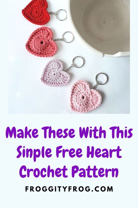 These cute easy crochet hearts are quick to make, but what can you make with crochet hearts? These cute heart keyrings make brilliant gifts and wedding favours. You can also make bookmarks and earrings. Click the link for the free pattern and to see how you can attach keyrings and more to them. Crochet Heart Keyring Free Pattern, Crochet Heart Keychain Pattern Free, Crochet Key Rings Free Pattern, Crocheted Keyrings, Easy Crochet Heart, Crochet Heart Keychain, Crochet Keyring Free Pattern, Crochet Keyrings, Wedding Crochet Patterns