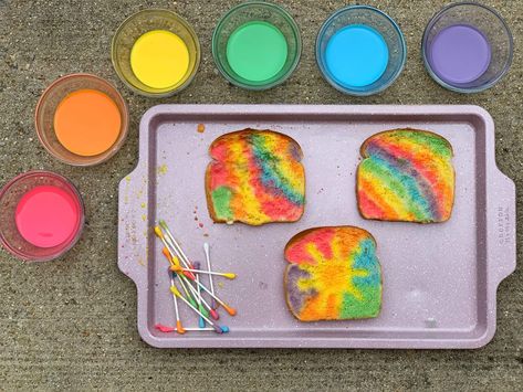 Rainbow Toast with Edible Paint | Holley Grainger Rainbow Toast, White Wheat Bread, Rainbow Bread, Kids Cooking Activities, Fun Breakfast, Painted Post, Bread Art, Milk Bread, Edible Paint