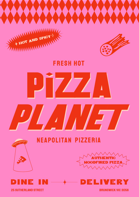 Pizza Planet Poster design featuring a pink and red/roagne colour palette with the bold typeface and logo in the center with brand pattern of the diamonds to represent stars and diamonds a symbol for italian food. The hand drawn illustrations of the ufo and cheesy meteor is representing the pizza planet and add playful nature. Branding Poster Design, Branding Poster, Poster Advertisement, Burger Shop, Pizza Branding, Brand Colours, Pizza Planet, Studio Branding, Food Branding