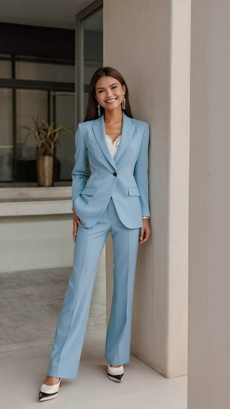 Discover stunning aesthetic photoshoot of women in suits with a tomboy aesthetic This business-casual outfit is perfect for a formal event or a casual day out From the aesthetic faceless photos to anime aesthetic profile pictures find your fashion inspiration here Cute Pant Suits For Women, Sky Blue Suit Women, Blue Professional Outfit, Baby Blue Suit Women, Light Blue Suit Women Outfit, Blue Suit Women Outfit, Women Suit Outfits, Blue Suit Women, Dress Suit For Women