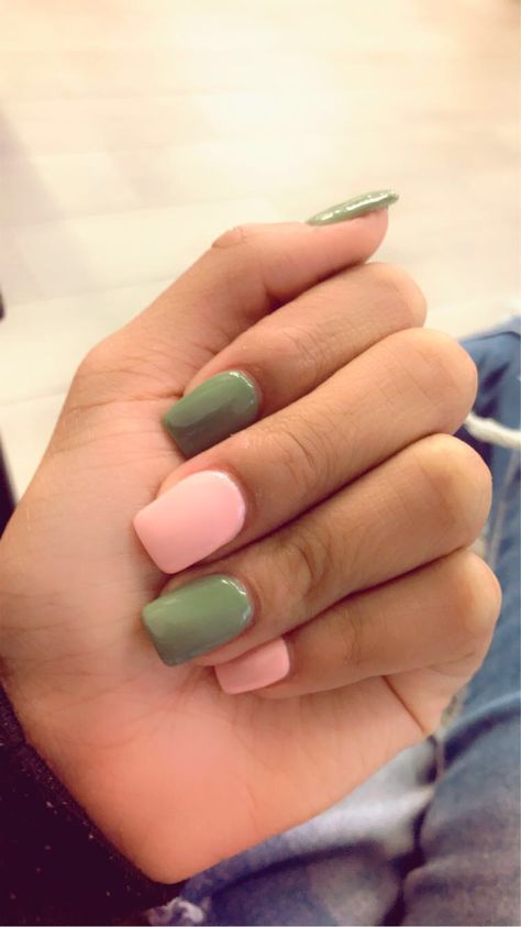 Olive green and baby pink Sage Green And Pale Pink Nails, Nail Polish Ideas Green And Pink, Olive Green Gel Nails Short, Khaki And Pink Nails, Olive And Pink Nails, Sage Green And Light Pink Nails, Pink And Green Fall Nails, Sage Green Pink Nails, Olive Green And Pink Nails