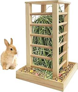 kathson Wooden Hay Feeder Rabbit Less Waste Food Feeding Rack Standing Pet-self Feeding Hay Manager Grass Holder Small Animals Cage Accessories for Bunny Chinchilla Guinea Pig Hay Rack, Rabbit Hay, Hay Racks, Wooden Bunny, Hay Feeder, Small Animal Cage, Tray Design, Pet Cage, Closer To Nature