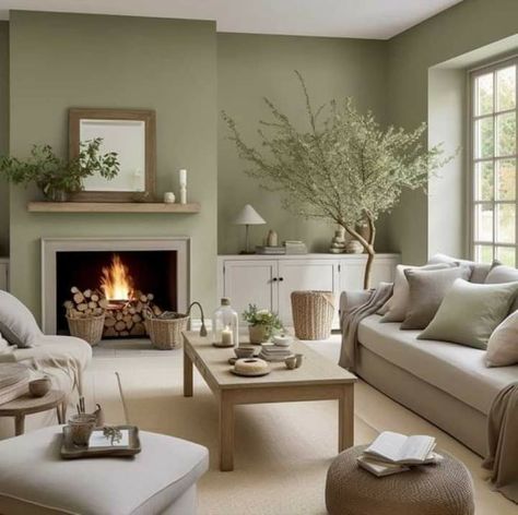 Sage Green Living Room Color Scheme, Green Living Room Color Scheme, Olive Living Rooms, Sage Living Room, Green Walls Living Room, Sage Green Living Room, Green Living Room Decor, Cream Living Rooms, Green Living Room