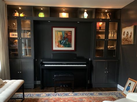 Music room- What color for the built-ins? Living Room Built Ins With Piano, Piano Cabinet Built Ins, Built In With Piano, Piano With Built Ins, Stereo System Living Room, Piano Cabinet Design, Bookcase Around Piano, Piano In Bookcase, Tv Over Piano Living Rooms