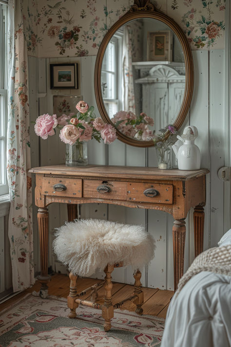 vintage farmhouse bedroom, neutral bedroom, vintage bedroom, farmhouse bedroom, bedroom inspo Rustic French Farmhouse Decor, Bedroom Pillar Decor, Vintage Flower Bedroom, Vintage Room Furniture, Old Fashioned Room Aesthetic, Vintage Teen Girl Bedroom, Vintage Rustic Bedroom Ideas, Vintage Salon Bedroom, Floral Farmhouse Decor