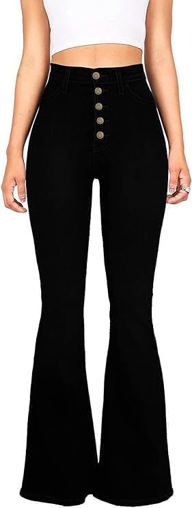 Flare Jeans for Women, Women's High Waist Stretch Black Bell Bottom Jeans Flare Bootcut Denim Jeans Pants, Black 5 Buttons, 2 Black Bell Bottom Jeans, High Waisted Bell Bottom Jeans, Black Flare Jeans, Womens Flare Jeans, High Waisted Flare Jeans, Womens Jeans Bootcut, Stretch Denim Fabric, Bottom Jeans, Black Flare